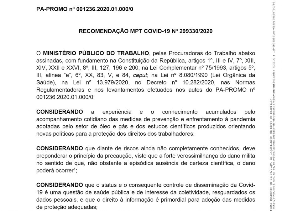 MPT faz 32 recomendações à Petrobrás e demais empresas do setor sobre Covid-19