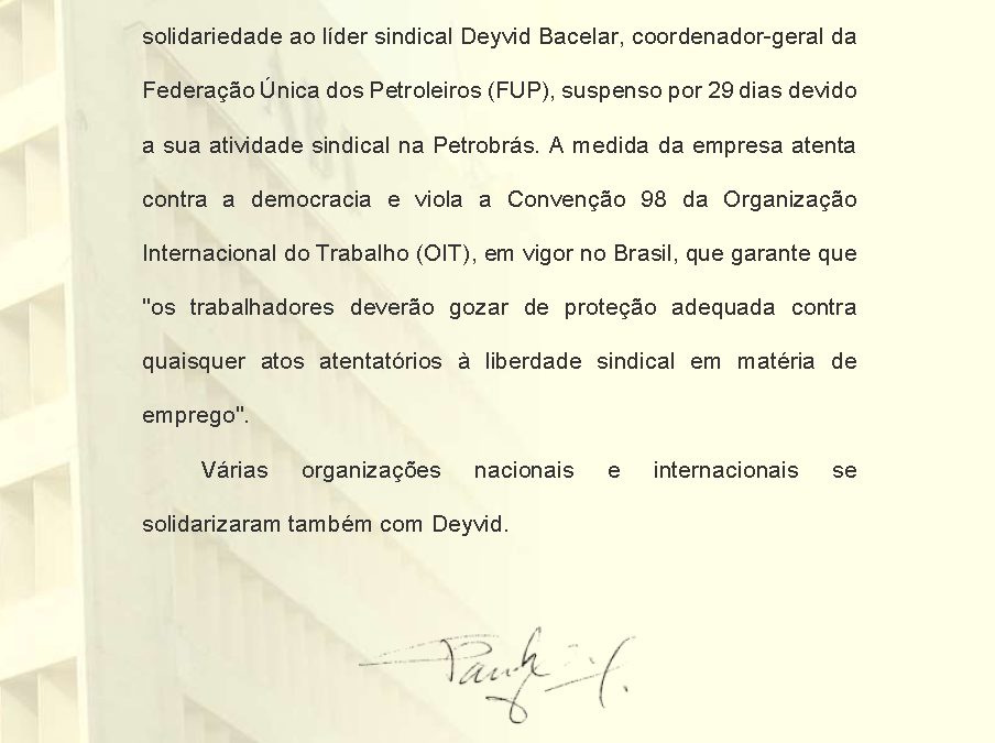 ABI é solidária a líder petroleiro perseguido