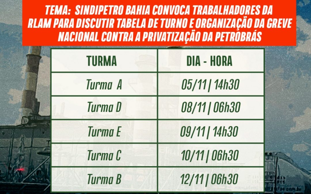 Setoriais – Sindipetro Bahia convoca trabalhadores da RLAM para discutir tabela de turno e organização da greve nacional contra a privatização da Petrobrás